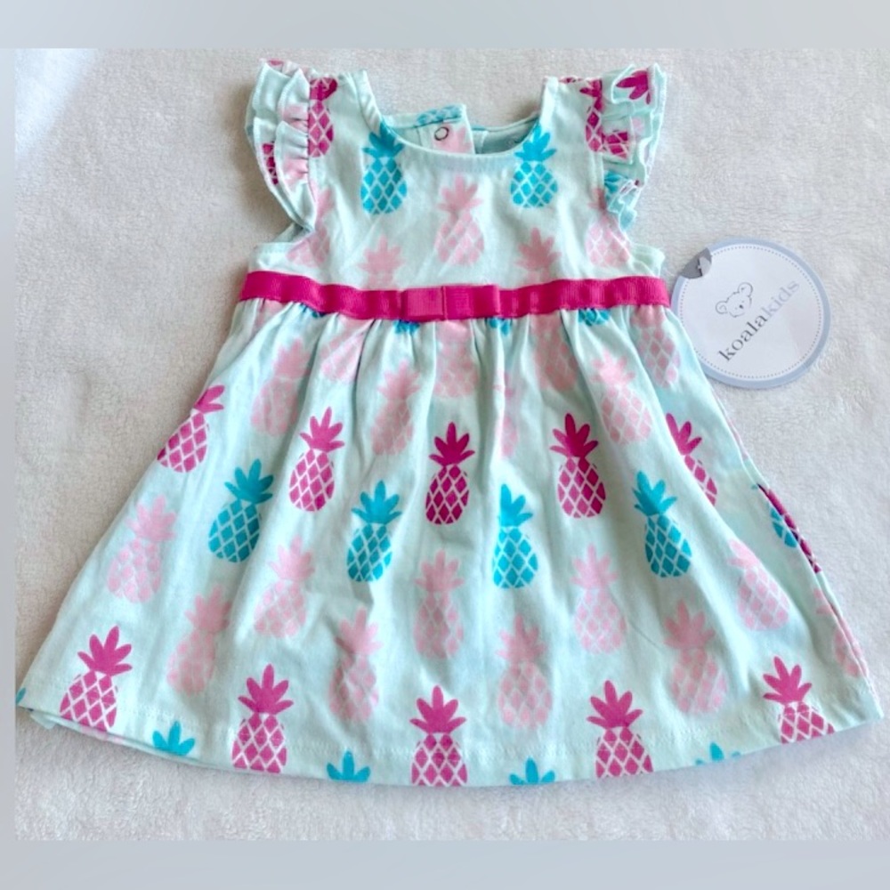 Koala Kids Baby 100% Cotton Pineapple Print Ruffle Dress Blue Pink 0-3 Months